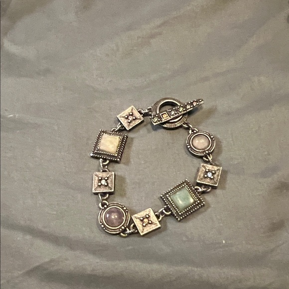 Patricia Locke Signed Silver Tone Bracelet Mixed MultiColor Cabochon Stone BOHO - Picture 3 of 6